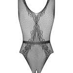 An additional view of the Amazing Feminine black mesh cutout teddy
