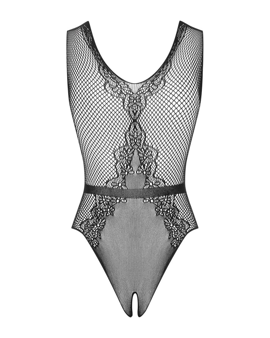 An additional view of the Amazing Feminine black mesh cutout teddy