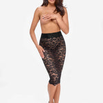 An additional view of the Ambivalence black floral lace midi skirt