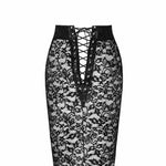 The Ambivalence black floral lace midi skirt, seen from a different angle
