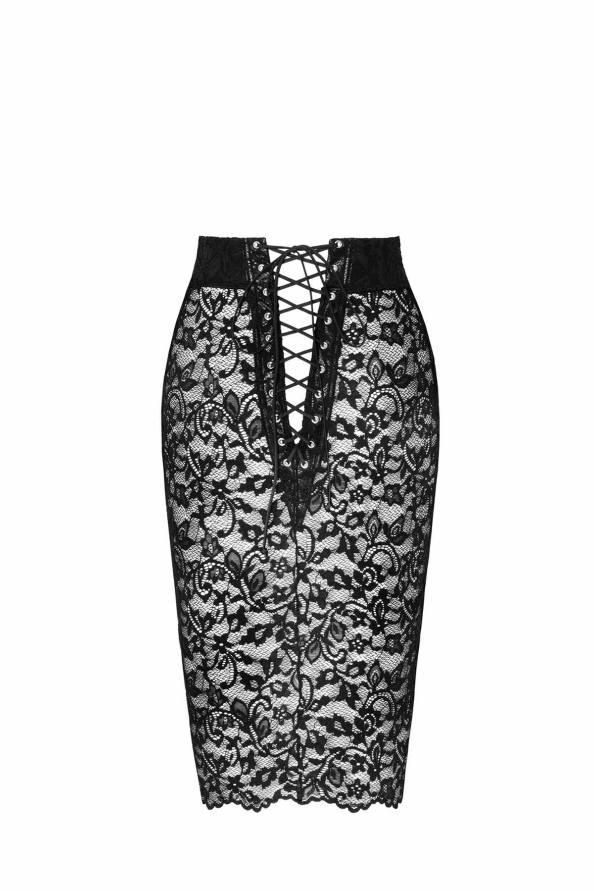 The Ambivalence black floral lace midi skirt, seen from a different angle