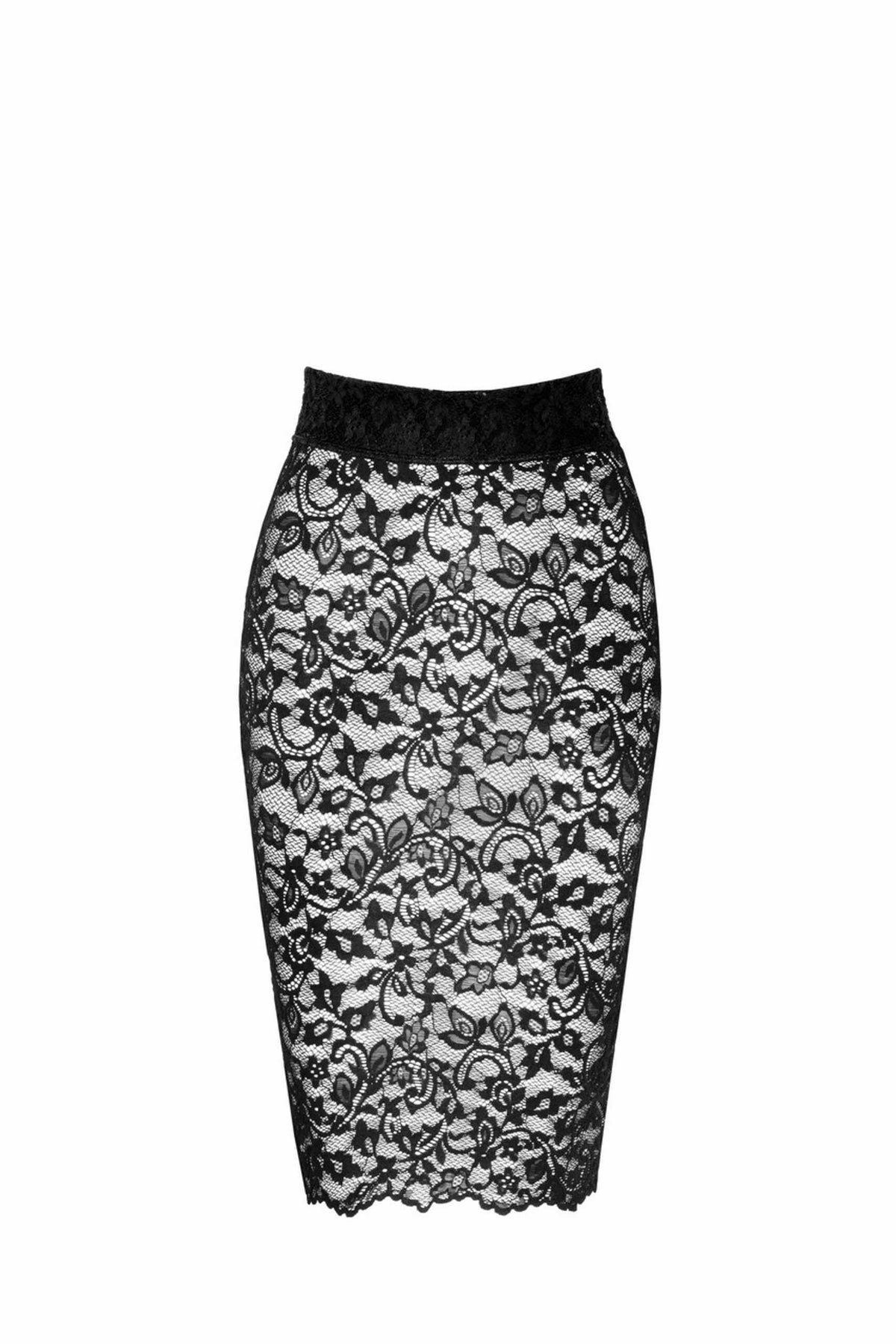 A further look at the Ambivalence black floral lace midi skirt