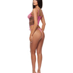 Pink leopard mesh bustier set with a lace-up front and underwire cups