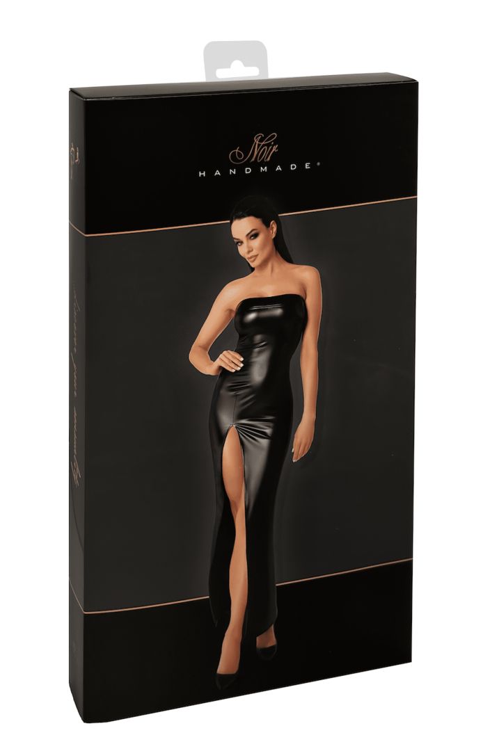 The Aphrodisia black strapless wetlook long dress, shown in an alternate image