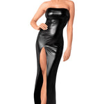 An alternate view of the Aphrodisia black strapless wetlook long dress, with a straight neckline