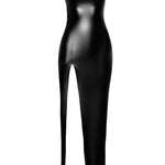 The Aphrodisia black strapless wetlook long dress, seen from a different angle