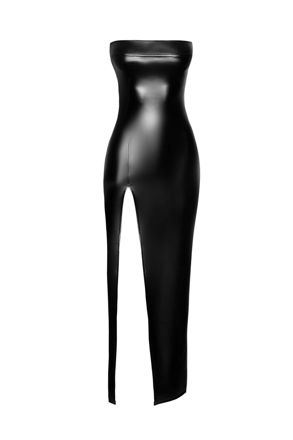 The Aphrodisia black strapless wetlook long dress, seen from a different angle