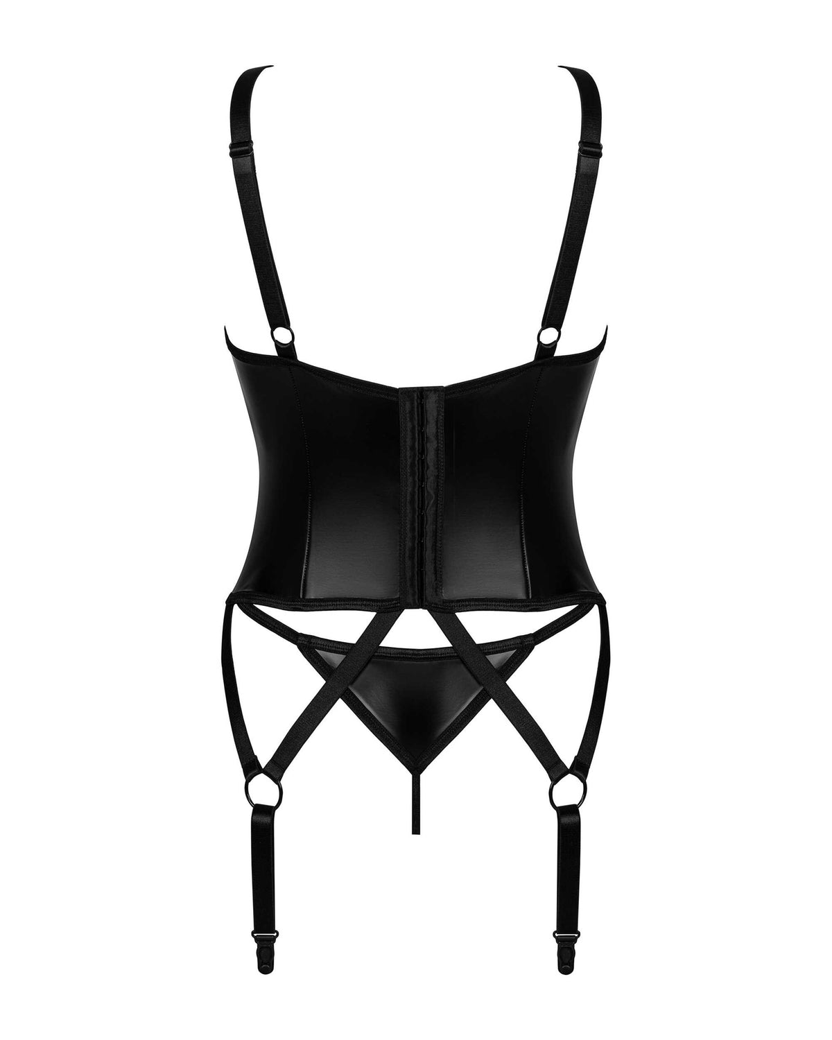 The Armares black glossy corset and thong, seen from a different angle