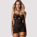 An alternate view of the Arrowel black lace chemise, with adjustable garter-style thigh straps