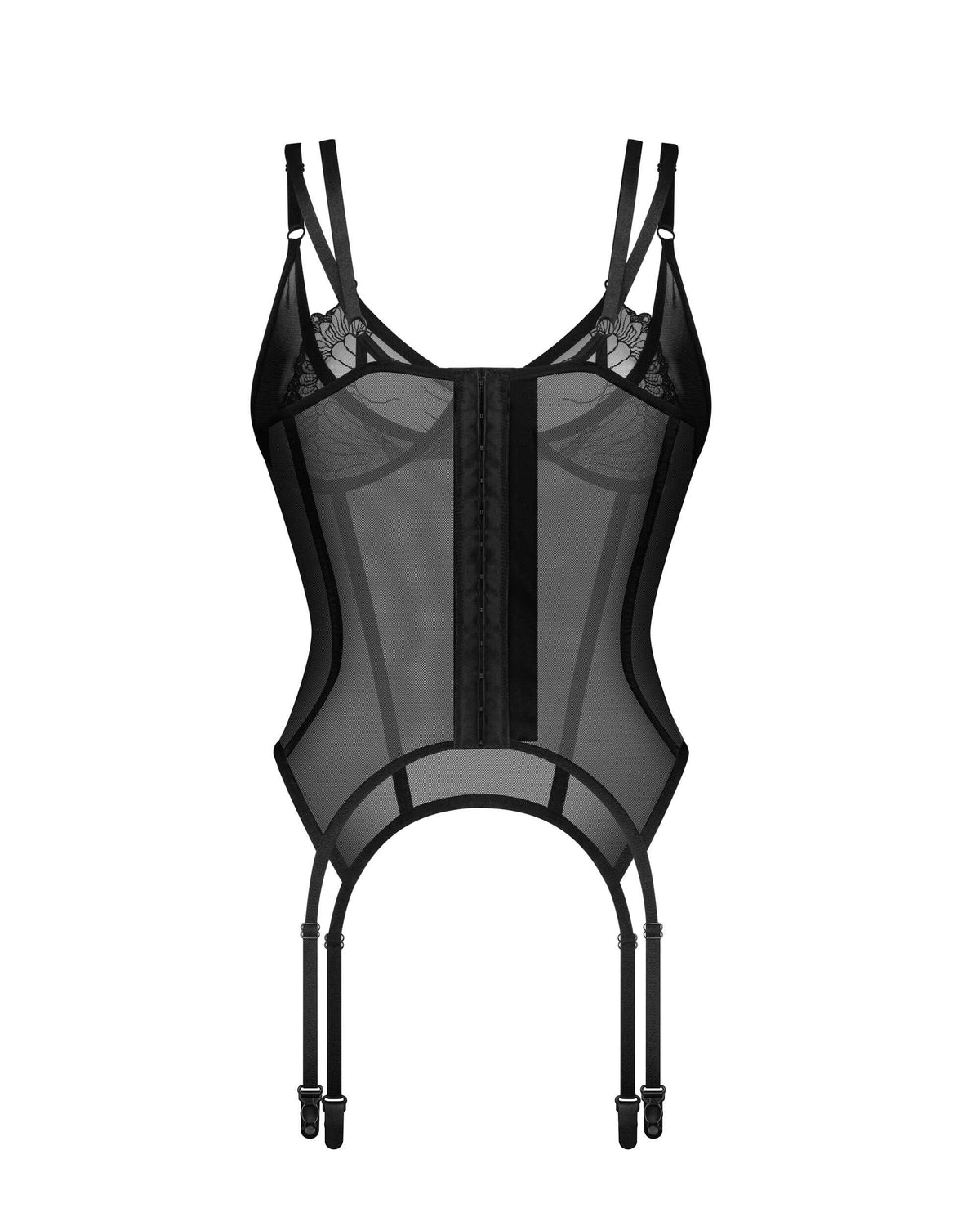 An additional view of the Arrowel black mesh corset