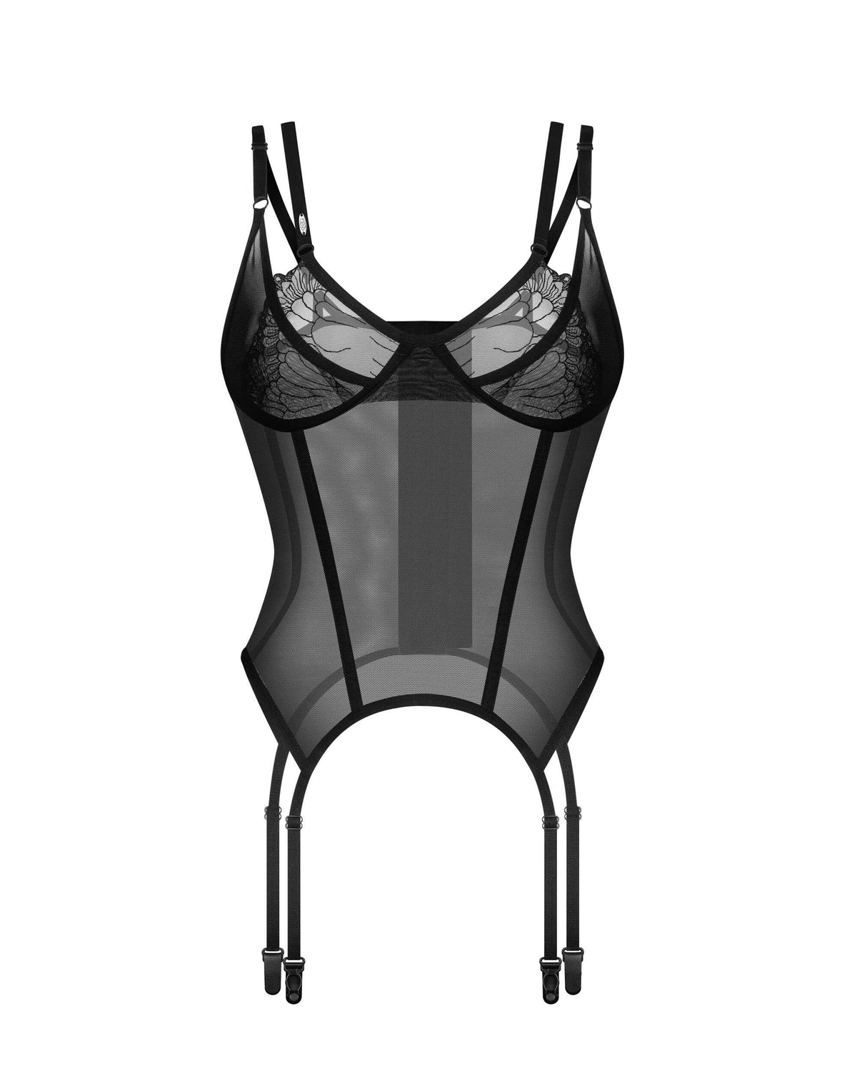 The Arrowel black mesh corset, featuring garter straps