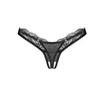 The Arrowel black mesh and lace crotchless thong, featuring elastic trim and nickel-free adornments