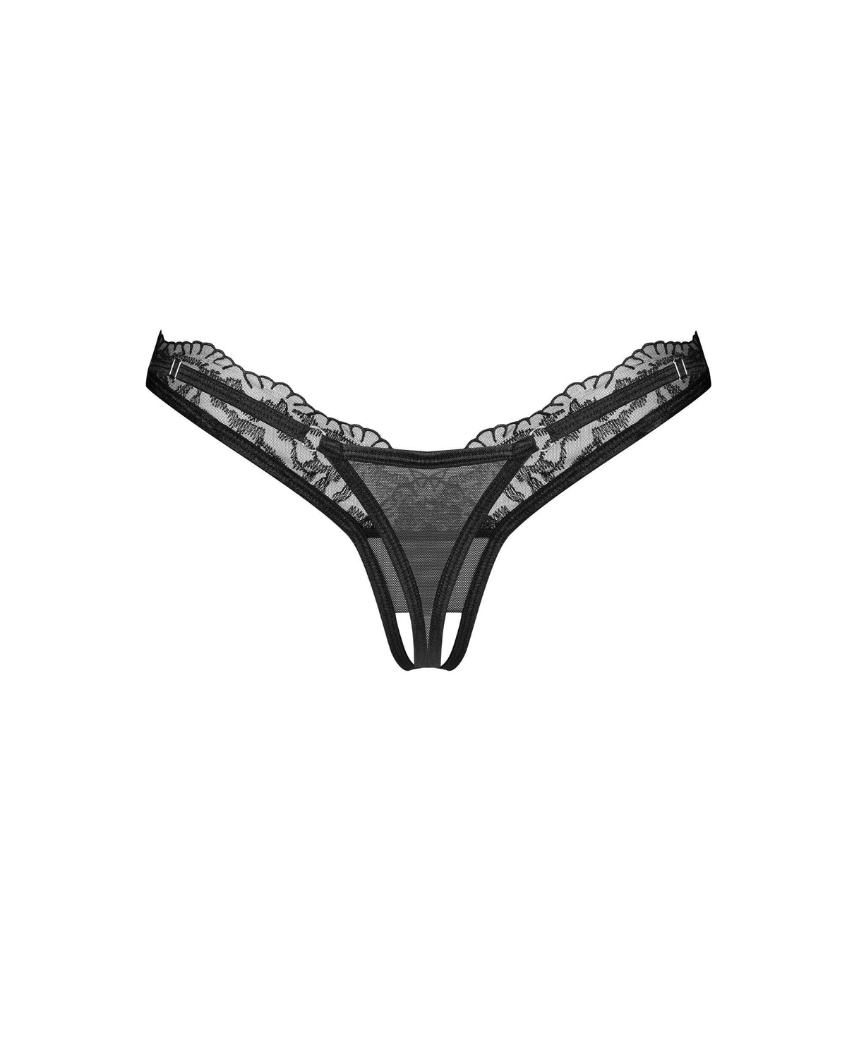 The Arrowel black mesh and lace crotchless thong, featuring elastic trim and nickel-free adornments