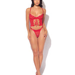 Alternate view of the red lace-up mesh bustier set