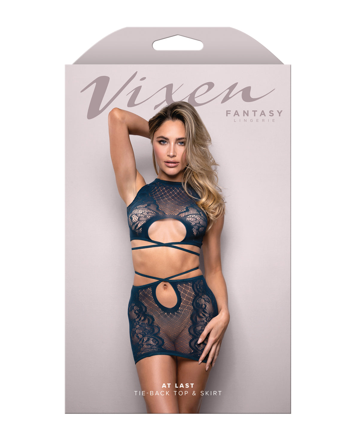 Alternate view of the navy floral lace top and skirt set