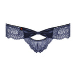 An additional view of the Auroria blue satin and lace panties