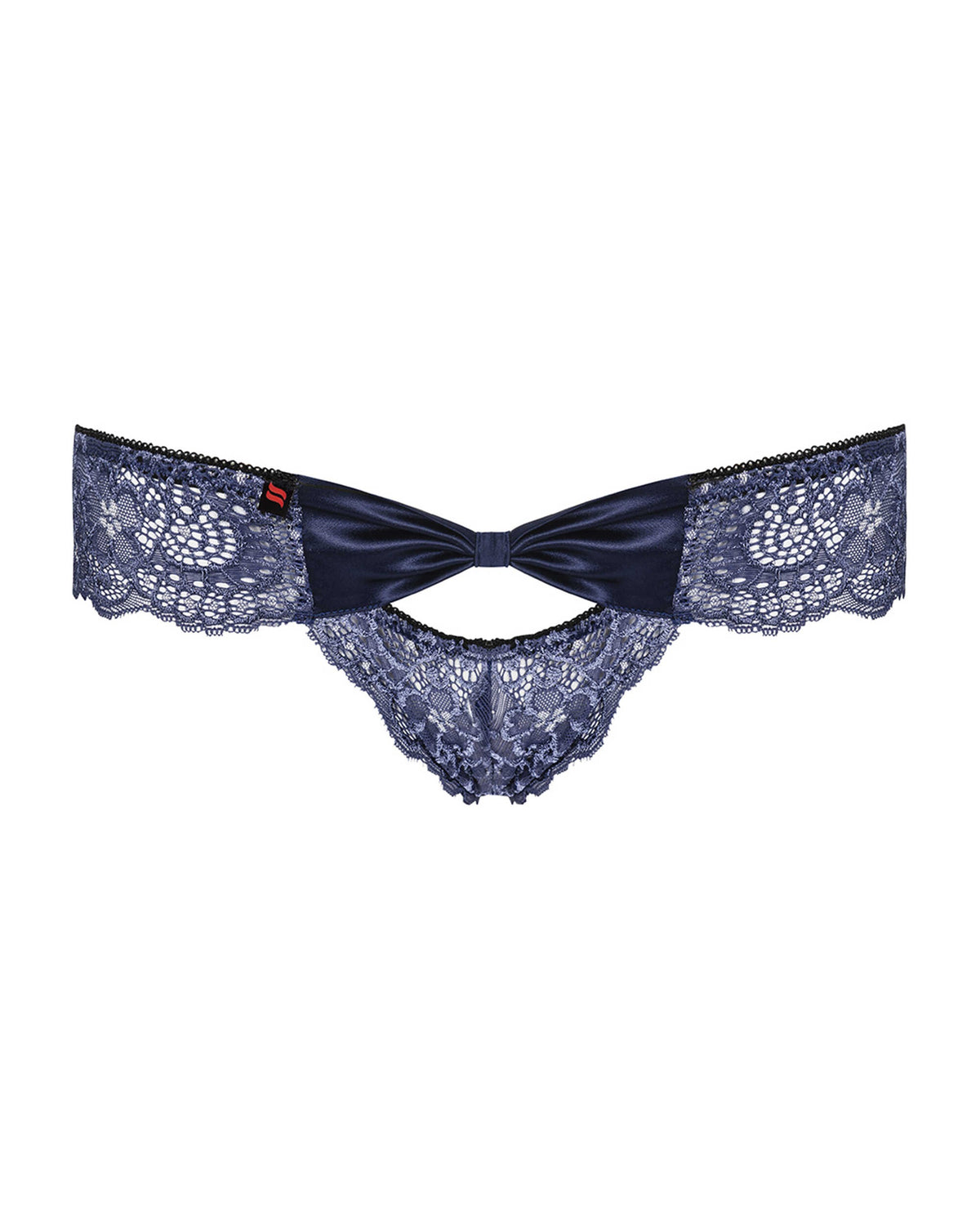 An additional view of the Auroria blue satin and lace panties