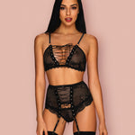 The Basitta black mesh garter set, featuring gleaming metal rings
