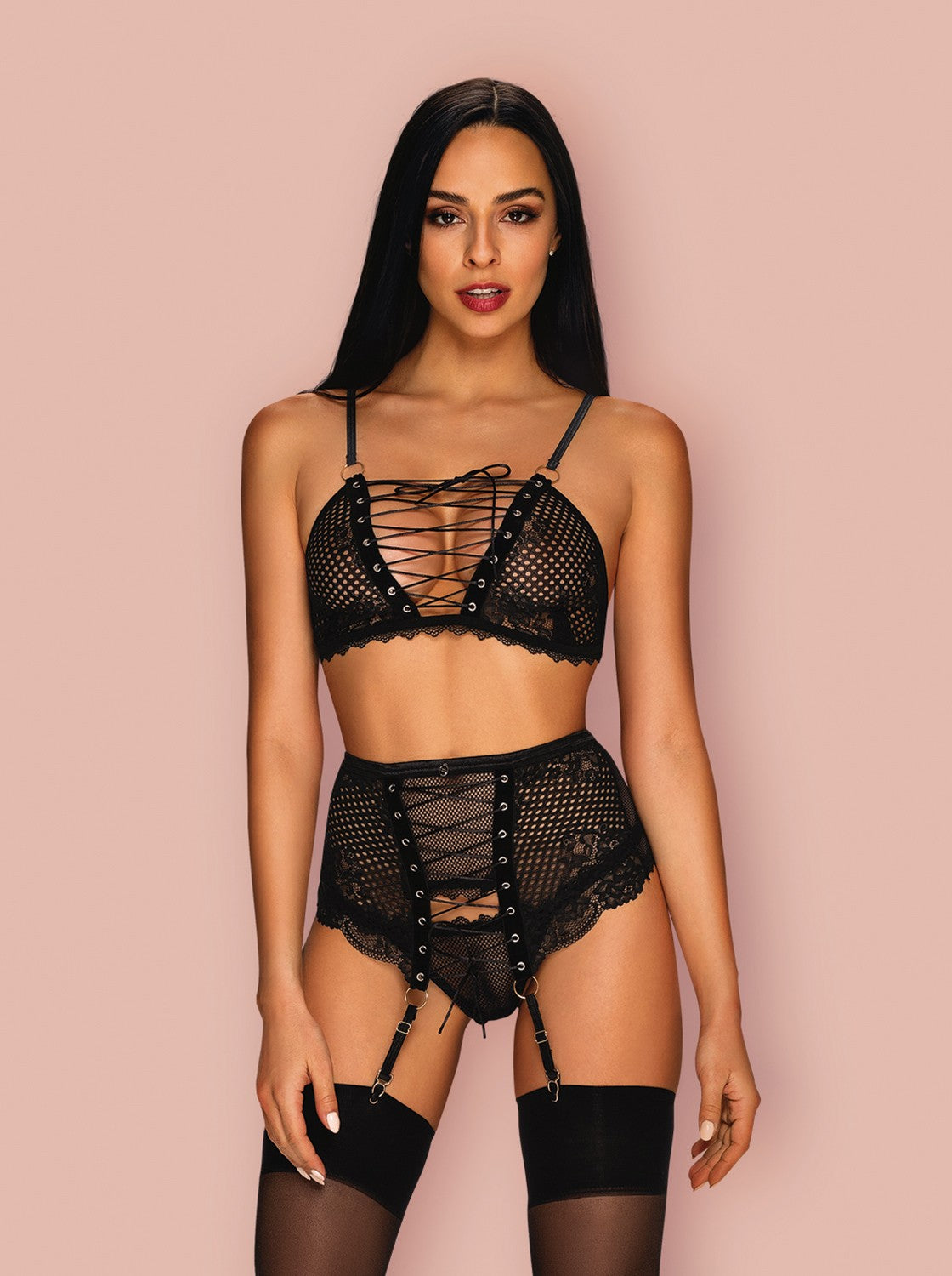 The Basitta black mesh garter set, featuring gleaming metal rings