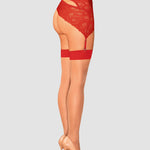 An additional view of the beige and red mesh stockings