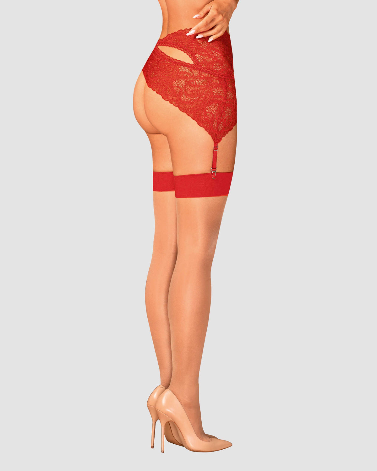 An additional view of the beige and red mesh stockings