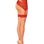 An alternate view of the beige and red mesh stockings, with a beige mesh base