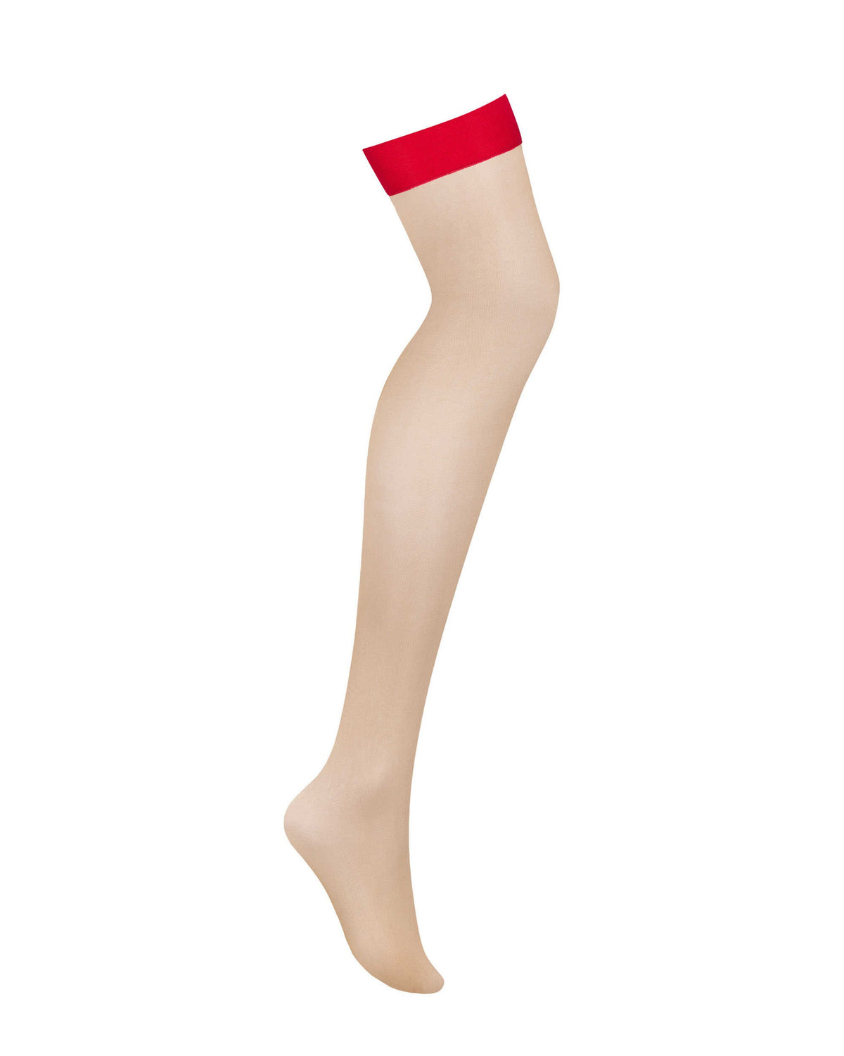 The beige and red mesh stockings, seen from a different angle