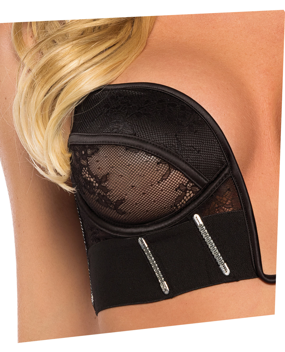 Alternate view of the black chantilly lace and satin bustier set