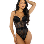Black chantilly lace and satin teddy with exposed steel boning detail