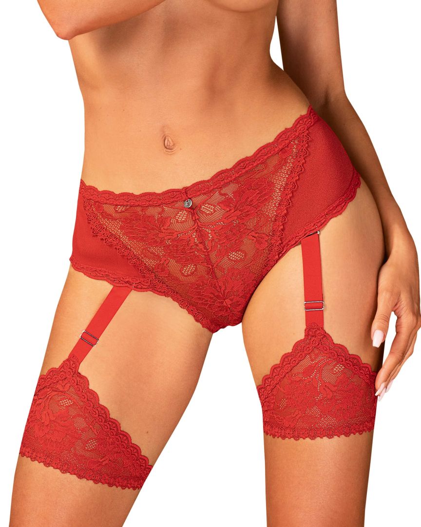 The Belovya red mesh and lace garter panties with adjustable front and back garters