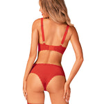 An alternate view of the Belovya red underwired bra, with wide straps with silver circles