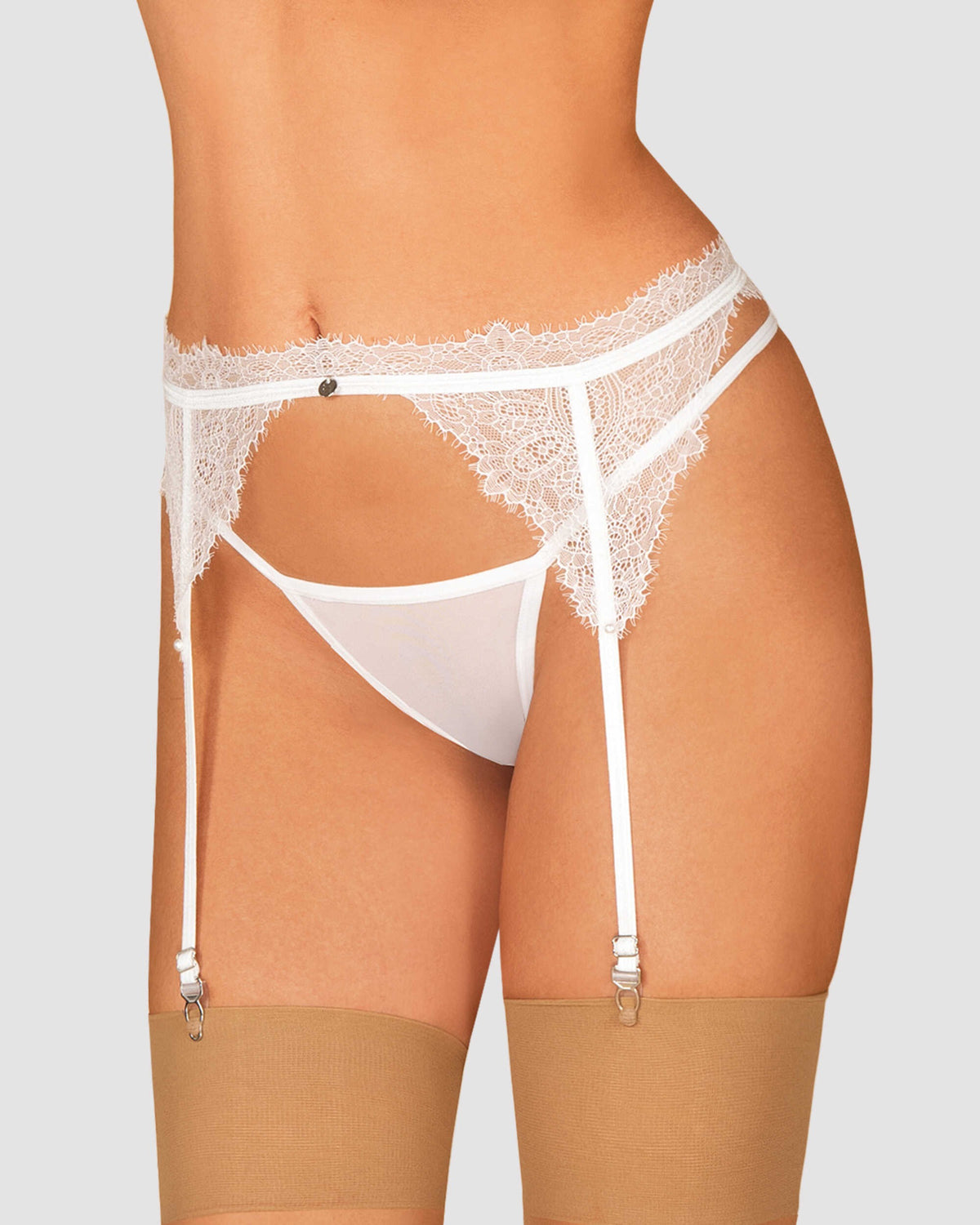The Bianelle white lace garter belt, featuring a back clasp
