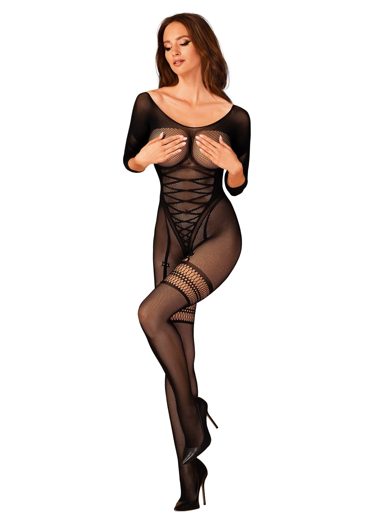 An additional view of the black corset panel bodystocking