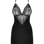 The black criss-cross chemise, featuring an embroidered lace neckline