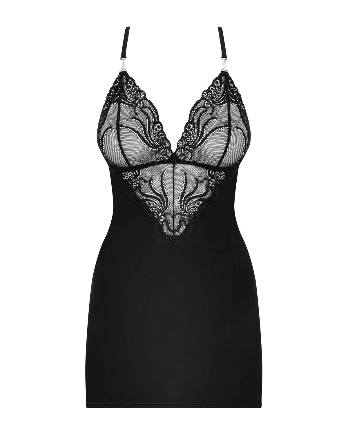The black criss-cross chemise, featuring an embroidered lace neckline