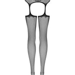 An additional view of the black crotchless knit garter stockings