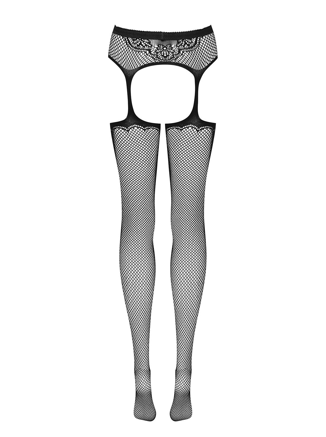 An additional view of the black crotchless knit garter stockings