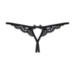 An additional view of the black cut-out lace ouvert thong