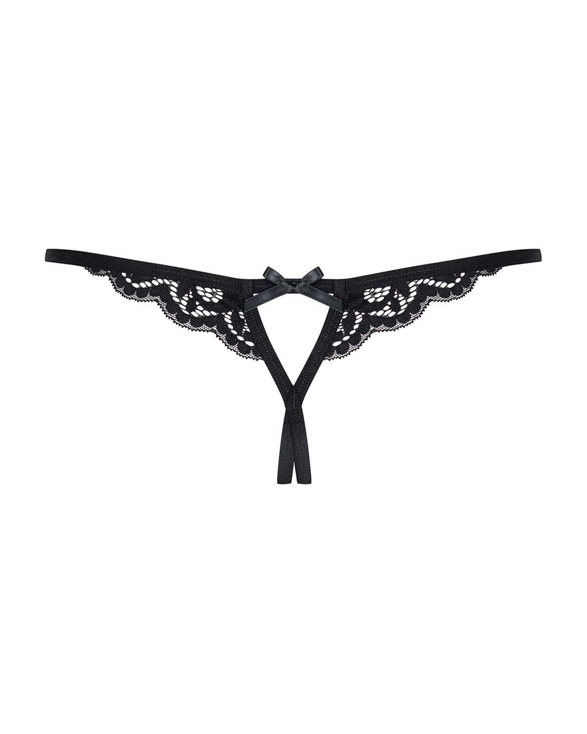 An additional view of the black cut-out lace ouvert thong