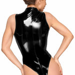 An alternate view of the black deep-cut PVC bodysuit, with a three-way metallic zipper