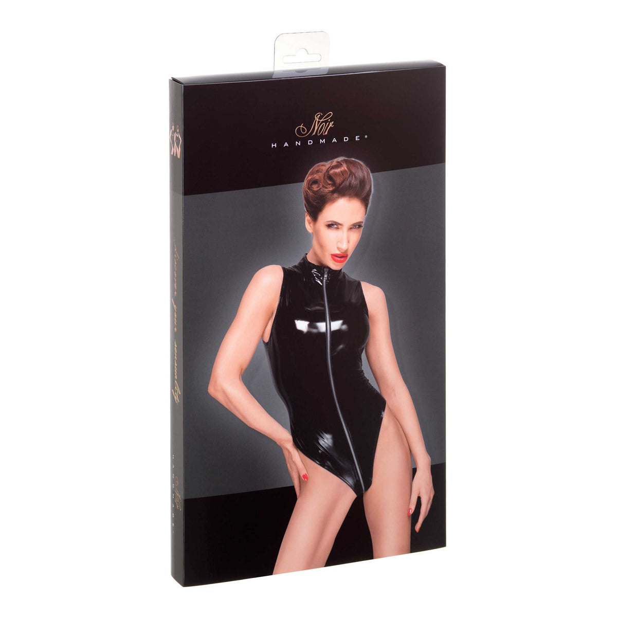 The black deep-cut PVC bodysuit seen from another angle