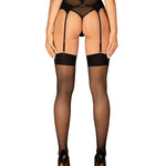 An alternate view of the black fine mesh stockings, with a slender black welt