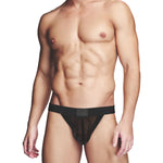 Black fishnet men's jockstrap in soft fishnet netting