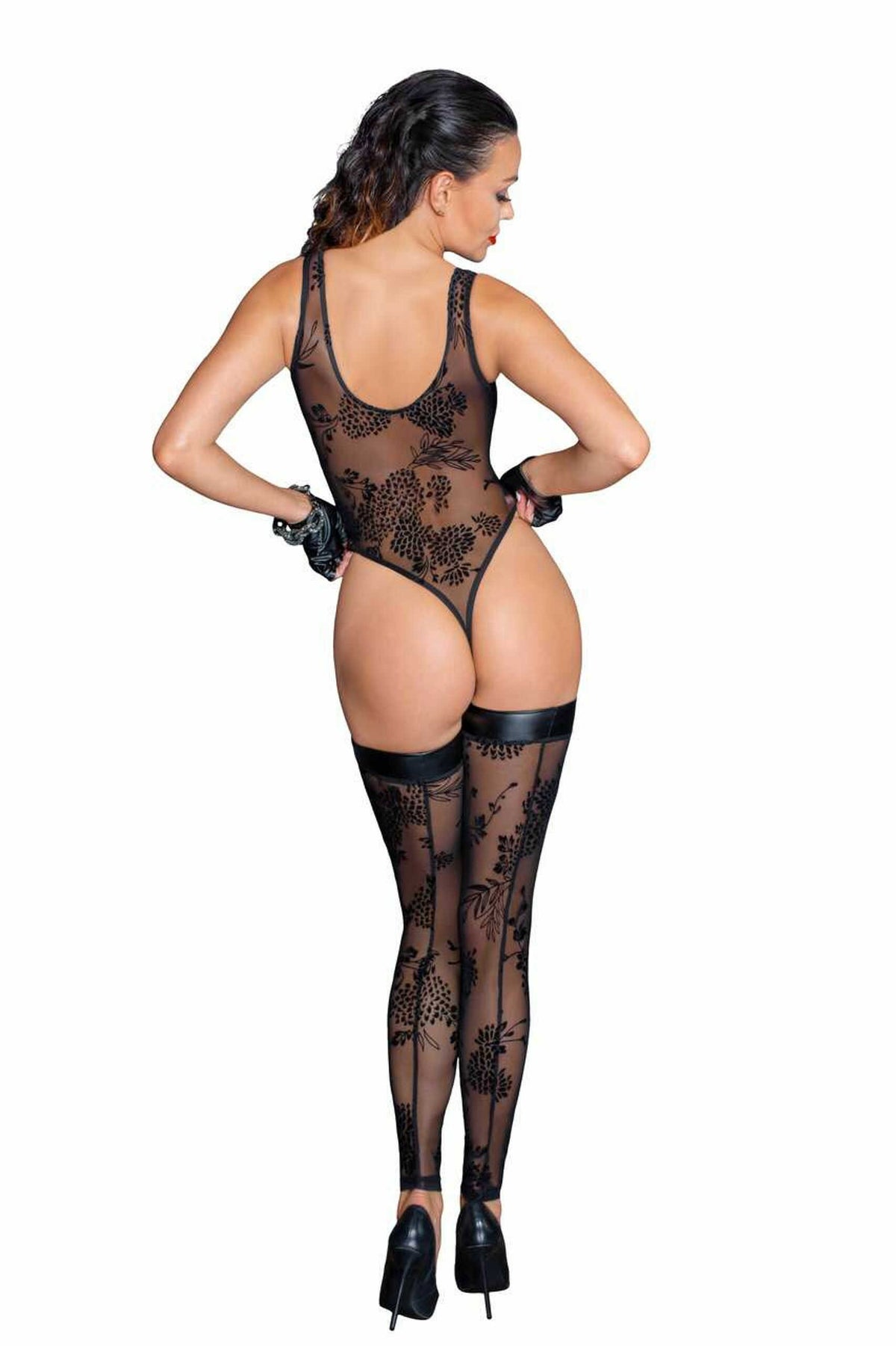 An alternate view of the black flocked tulle bodysuit, with a tank-top cut