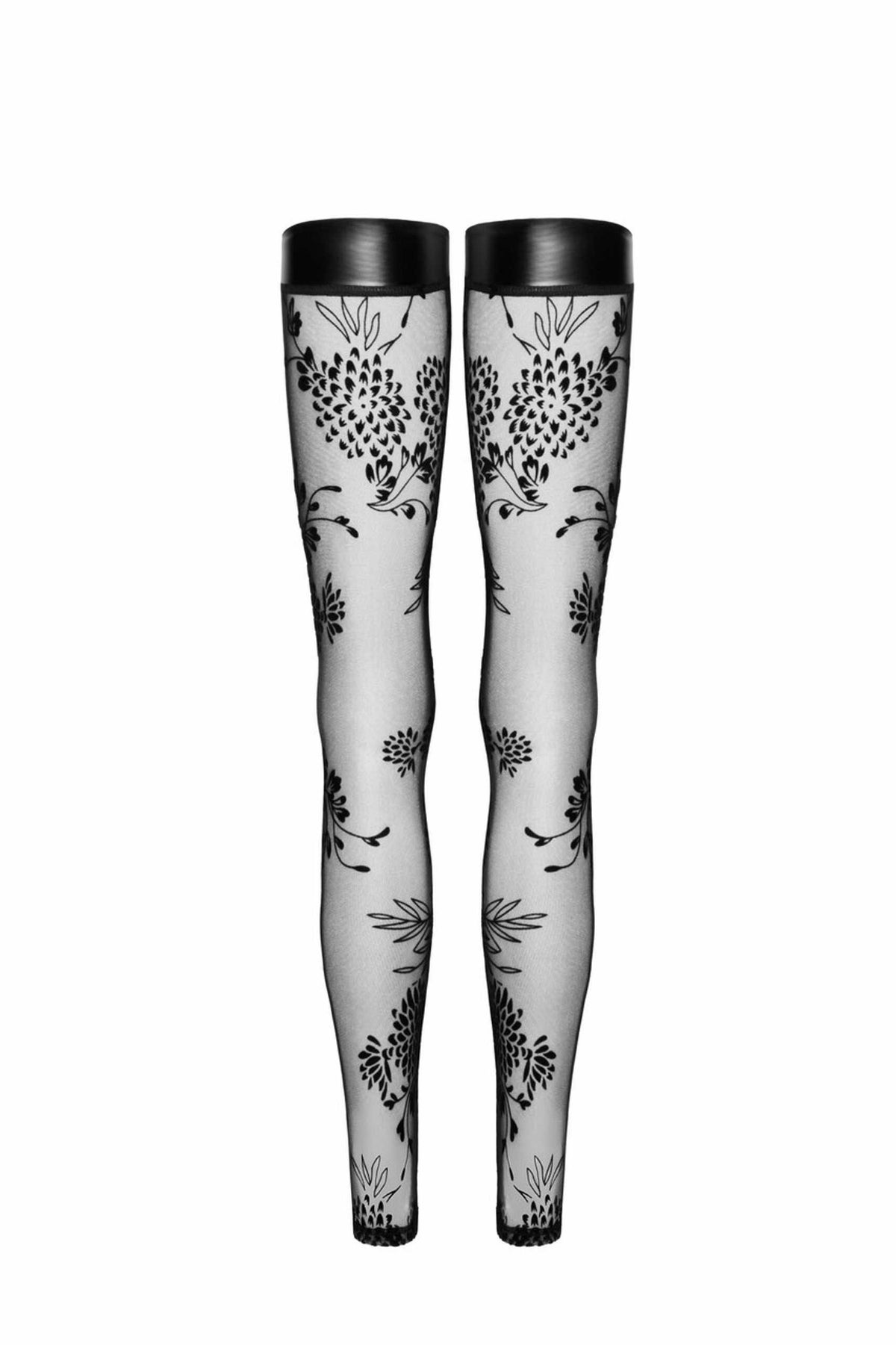 An additional view of the black flocked tulle stockings