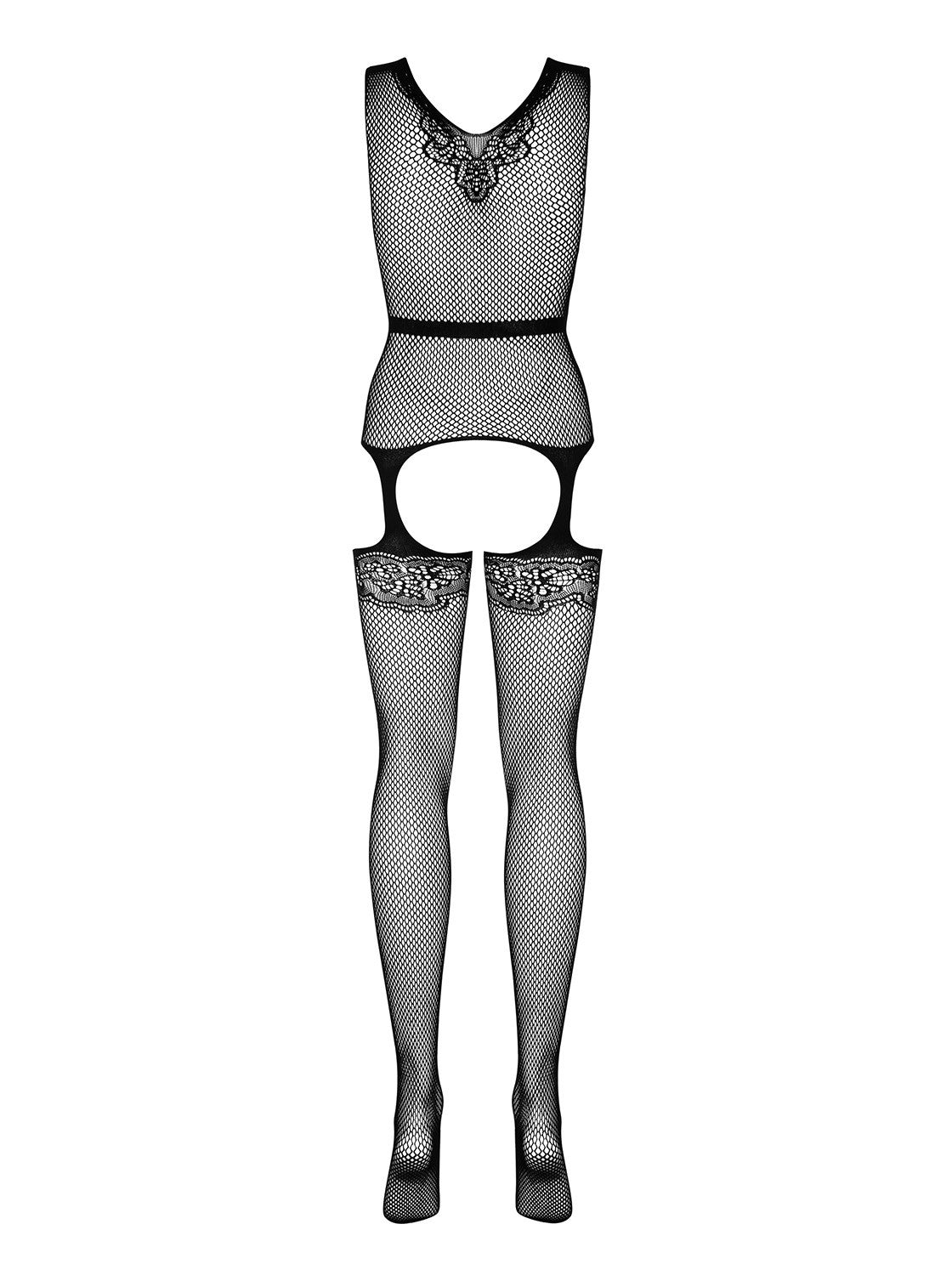An additional view of the black floral garter bodystocking
