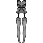 The black floral garter bodystocking, featuring an open crotch