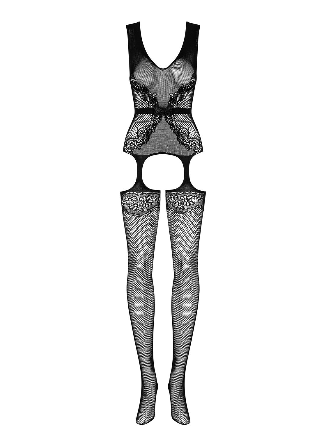 The black floral garter bodystocking, featuring an open crotch