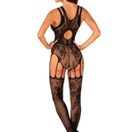 An additional view of the black floral-geometric bodystocking