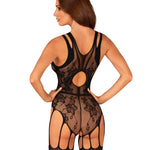 An alternate view of the black floral-geometric bodystocking, with double shoulder straps